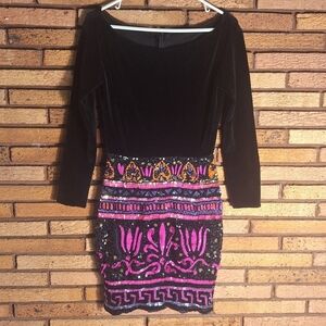 Tootsies Vintage Size 6 Black Velvet Dress With Vibrant Beaded Skirt